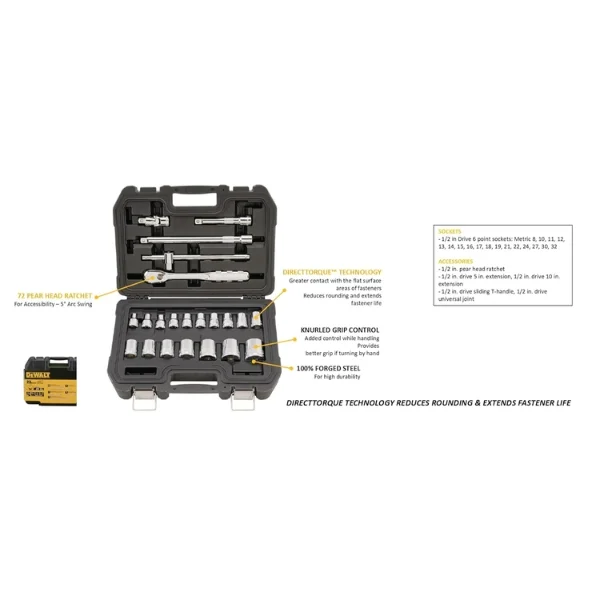 DEWALT DWMT19241-1 22 Pc 1/2″ Drive Metric Socket Set – Authorized Industrial Supply, Pan India
