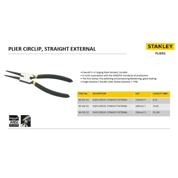 Stanley 84-334-23 Straight External Circlip Plier 180mm / 7 Inch Supplier