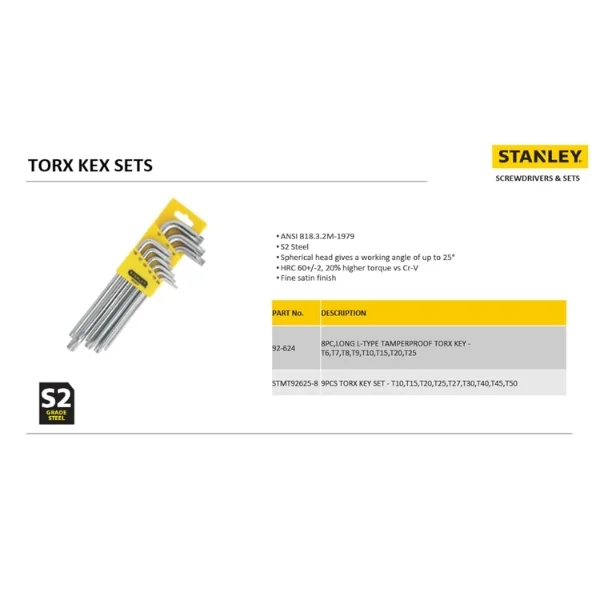 Stanley 92-624 Long Tamperproof Torx Key Set 8 Piece Supplier