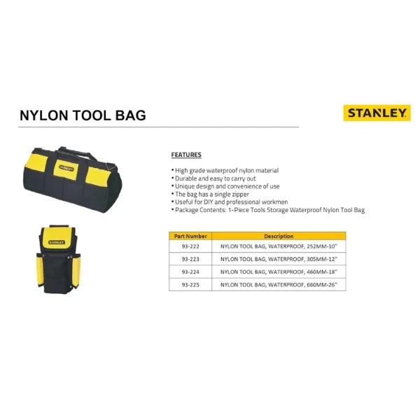 Stanley 93-222 Waterproof Nylon Tool Bag 252mm / 10 Inch Supplier