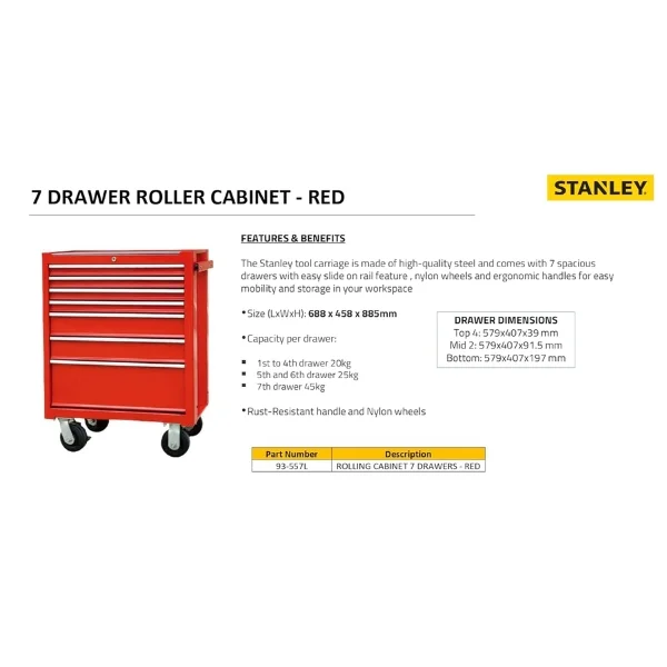 Stanley 93-557L Rolling Cabinet 7 Drawer Red Supplier