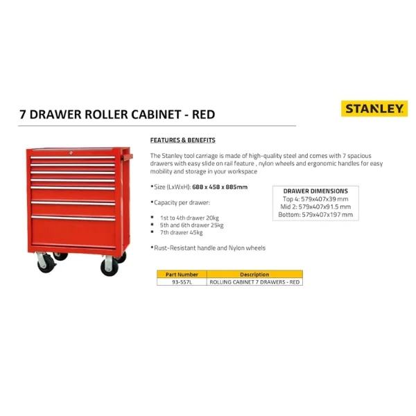 Stanley 93-557L Rolling Cabinet 7 Drawer Red Supplier
