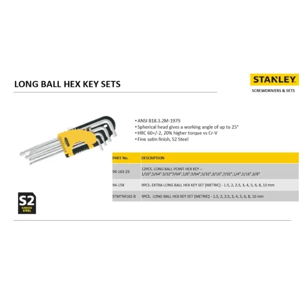 Stanley 94-163-23 Long Ball Point Hex Key Set 12 Piece Supplier