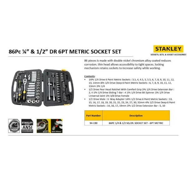 STANLEY 94-190 86PC 1/4” & 1/2” Drive 6-Point Metric Socket Set