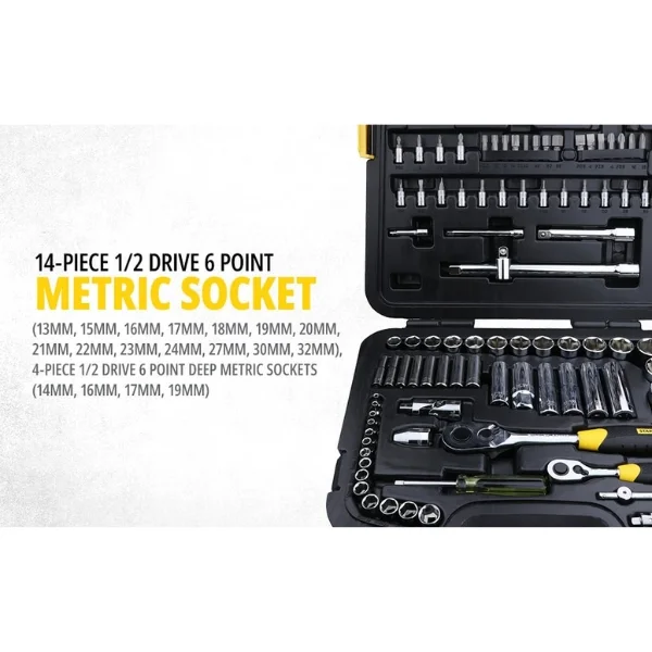 STANLEY 94-190 86PC 1/4” & 1/2” Drive 6-Point Metric Socket Set