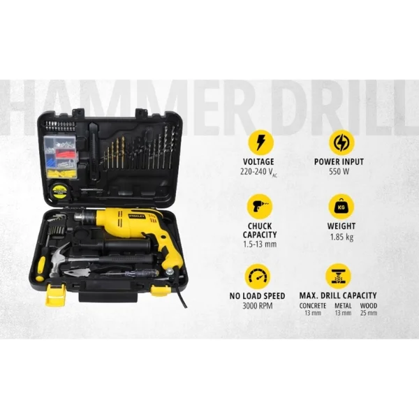 Stanley SDH550KPA-IN 550W Hammer Drill Kit with 120 Pieces Accessories Supplier