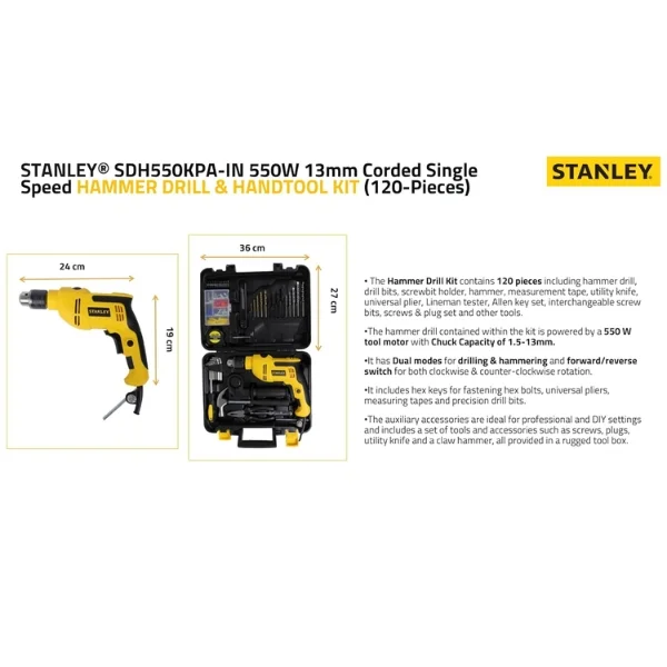 Stanley SDH550KPA-IN 550W Hammer Drill Kit with 120 Pieces Accessories Supplier