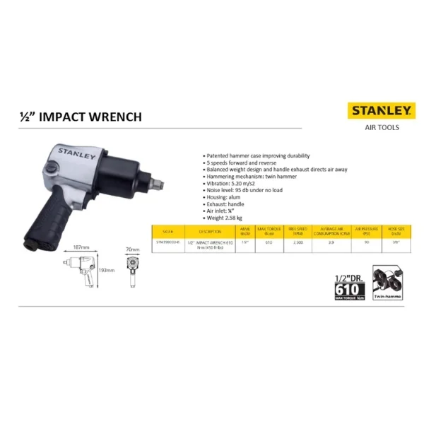 Stanley STMT99300-8 1/2 Inch Air Impact Wrench 610 Nm Supplier