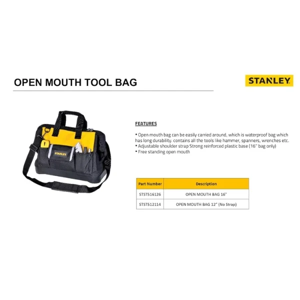 Stanley STST516126 Open Mouth Tool Bag 16 Inch Supplier
